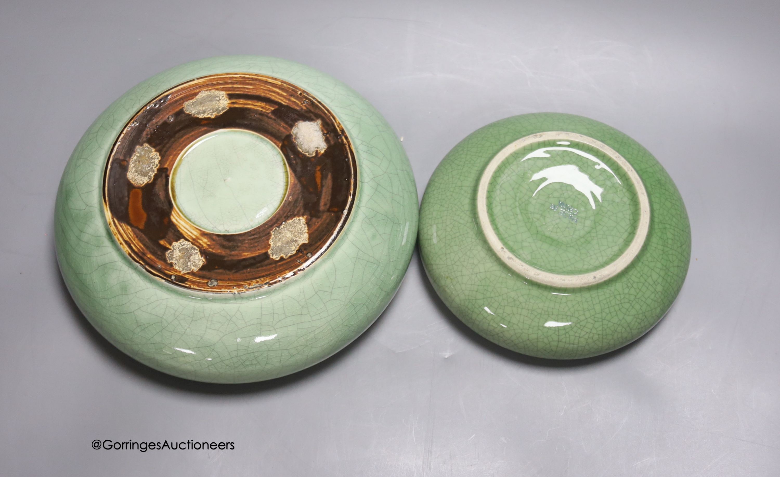 Two celadon crackle glaze brush washers, diameter 21cm